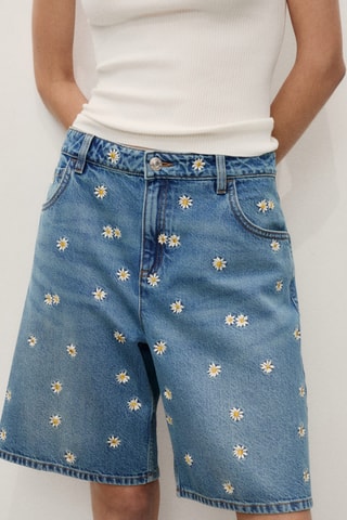 Bermuda en jean broderie florale - Bleu