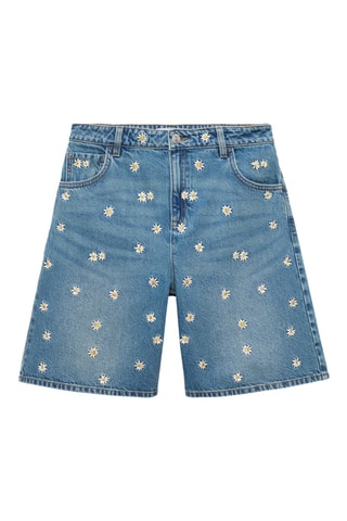 Bermuda en jean broderie florale - Bleu