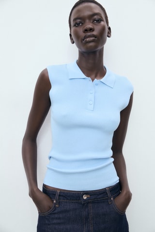 Top maille col polo - Bleu clair