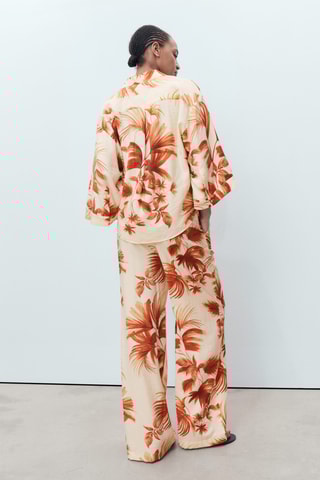 Pantalon droit imprimé palmier - Blanc cassé