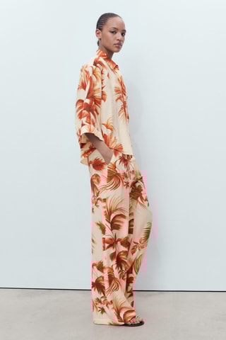 Pantalon droit imprimé palmier - Blanc cassé