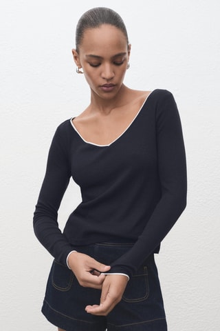 T-shirt combiné col V - Bleu marine