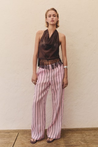 Pantalon en ramie à rayures - Rose clair