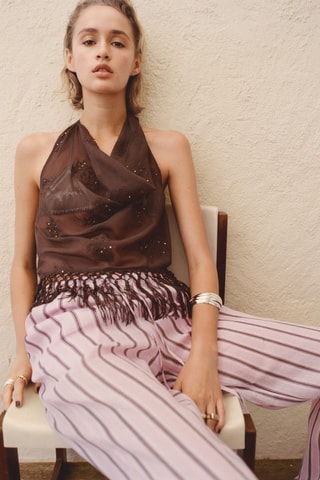 Pantalon en ramie à rayures - Rose clair