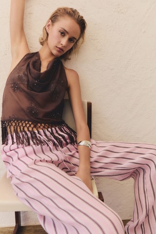 Pantalon en ramie à rayures - Rose clair