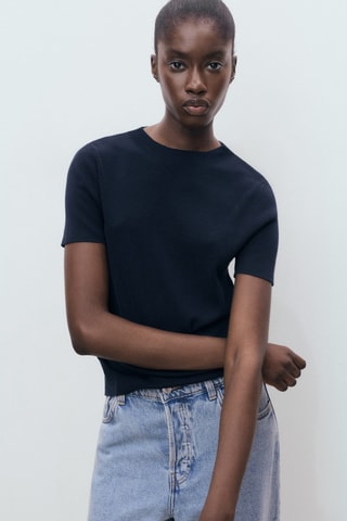 Pull-over maille fine manches courtes - Bleu marine