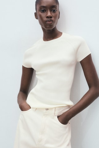 Pull maille côtelée manches courtes - Ecru