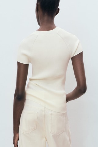 Pull maille côtelée manches courtes - Ecru