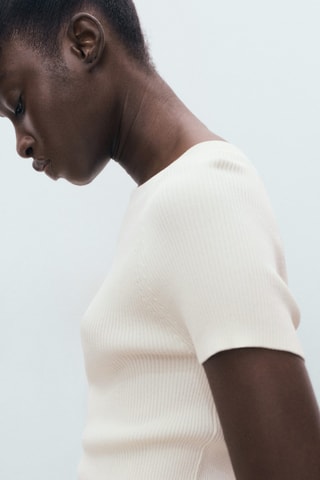 Pull maille côtelée manches courtes - Ecru