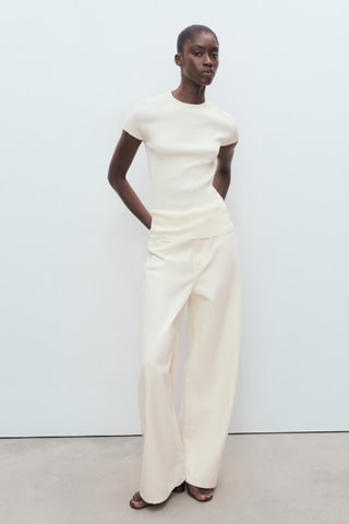 Pull maille côtelée manches courtes - Ecru