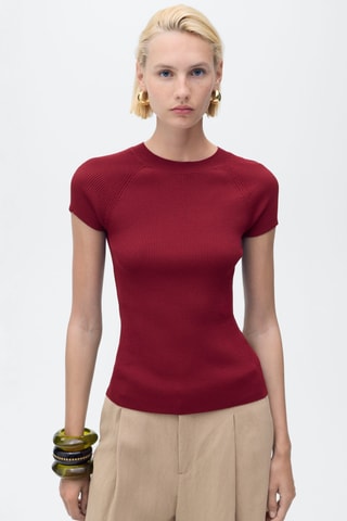 Pull maille côtelée manches courtes - Rouge