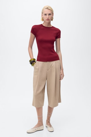 Pull maille côtelée manches courtes - Rouge