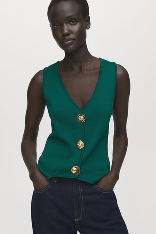 Gilet maille boutons bijoux - Vert foncé