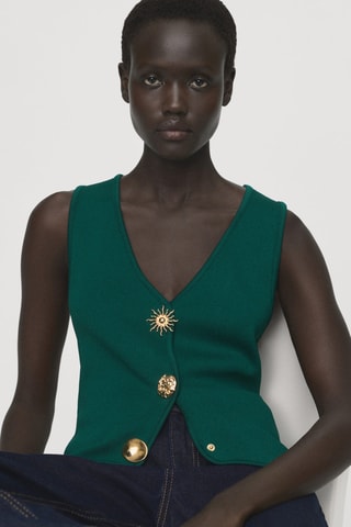 Gilet maille boutons bijoux - Vert foncé