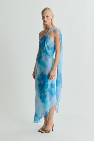 Robe asymétrique à fleurs avec foulard - Bleu