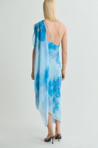 Robe asymétrique à fleurs avec foulard - Bleu