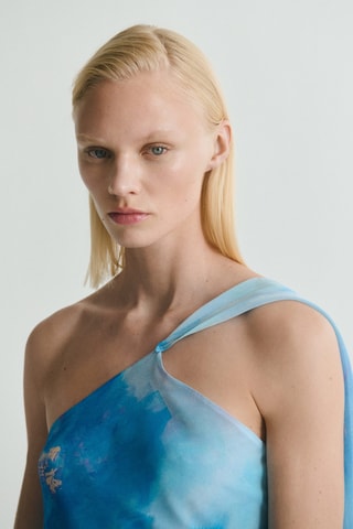 Robe asymétrique à fleurs avec foulard - Bleu