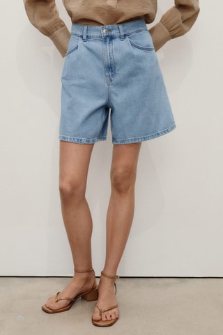 Bermuda en jean taille haute à pinces - Bleu