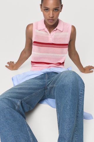 Top maille rayures col polo - Rose pastel