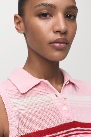 Top maille rayures col polo - Rose pastel