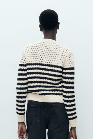 Cardigan maille ajourée rayures - Bleu marine