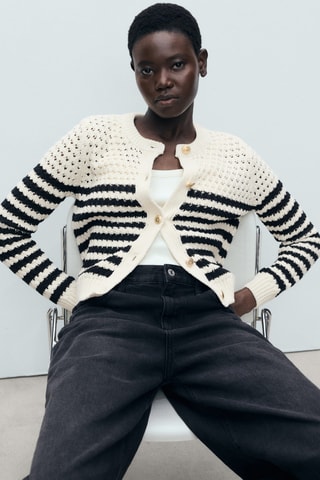 Cardigan maille ajourée rayures - Bleu marine