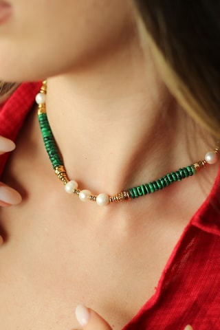 Collar - Chapado en oro amarillo, malaquitas y perlas cultivadas 