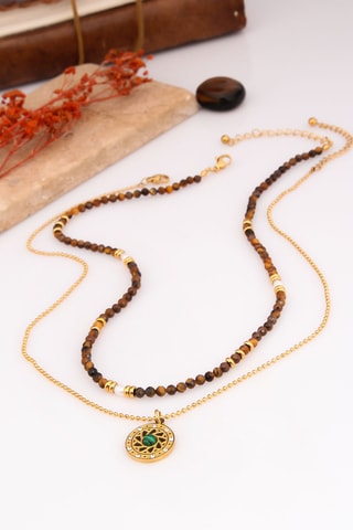 2 collares - Chapado en oro amarillo, ojos de tigre y malaquitas