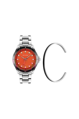 Cofanetto orologio al quarzo in acciaio e bracciale bangle aperto