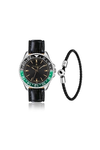 Cofanetto orologio al quarzo in pelle, placcato Ion argento e bracciale in pelle Olympe