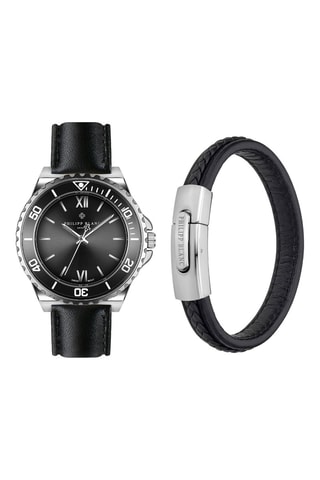 Cofanetto orologio al quarzo in acciaio e bracciale in pelle