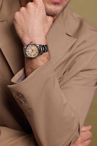 Cofanetto orologio al quarzo in acciaio e bracciale in pelle