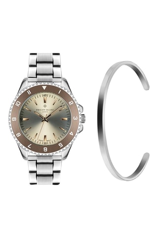 Cofanetto orologio al quarzo in acciaio e bracciale bangle