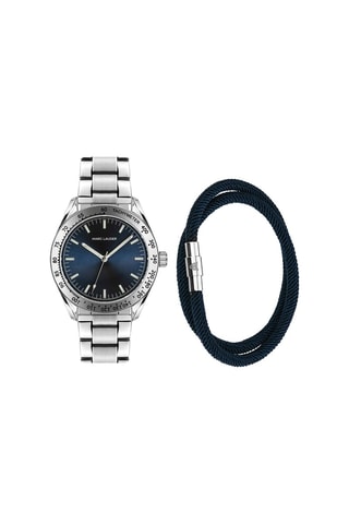 Cofanetto orologio al quarzo in acciaio e bracciale in pelle