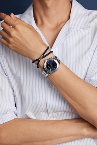 Cofanetto orologio al quarzo in acciaio e bracciale in pelle