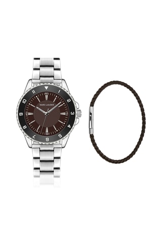 Cofanetto orologio al quarzo in acciaio e bracciale in pelle