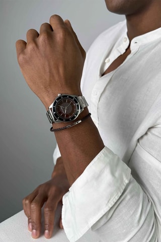 Cofanetto orologio al quarzo in acciaio e bracciale in pelle