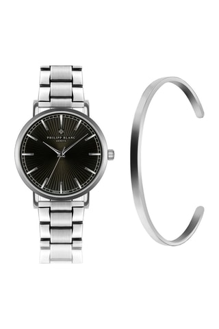 Cofanetto orologio al quarzo in acciaio e bracciale bangle aperto