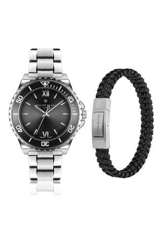 Cofanetto orologio al quarzo in acciaio e bracciale in pelle  - Tachimetro - Argentato e nero