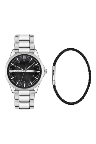 Cofanetto orologio al quarzo in acciaio e bracciale in pelle