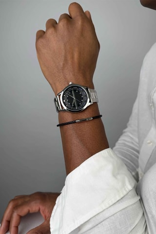 Cofanetto orologio al quarzo in acciaio e bracciale in pelle