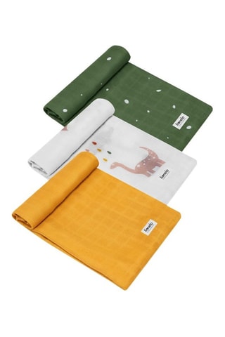 3 muselinas de fibra de bambú Dino - Amarillo y verde
