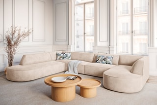 Canapé d'angle gauche panoramique Charles - Beige clair - 7 places - En velours