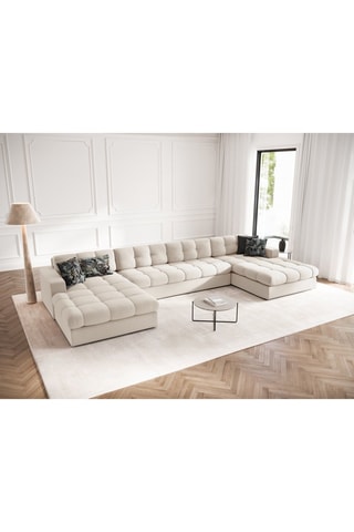 Canapé d'angle panoramique gauche Yohan - Beige - 5 places - En tissu polyester