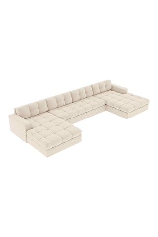 Canapé d'angle panoramique gauche Yohan - Beige - 5 places - En tissu polyester