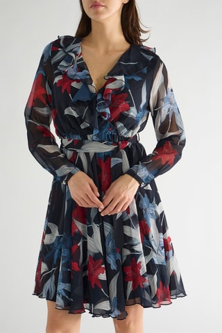 Vestido evasé Pavelina - Azul marino y rojo