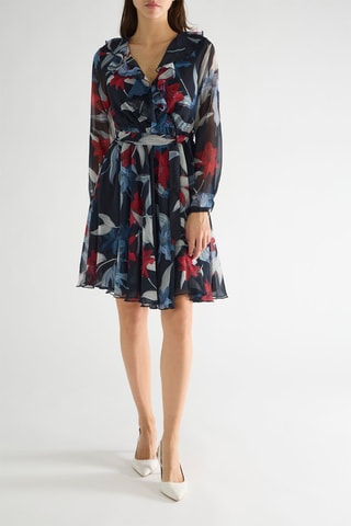 Vestido evasé Pavelina - Azul marino y rojo