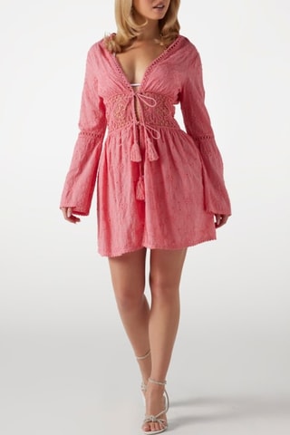 Vestido evasé con bordado inglés - Coral