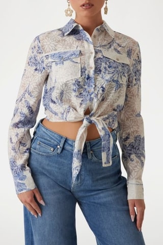 Camisa anudada Adelaide - Crudo y azul cobalto