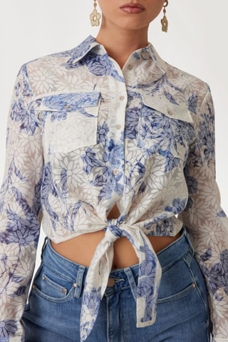 Camisa anudada Adelaide - Crudo y azul cobalto